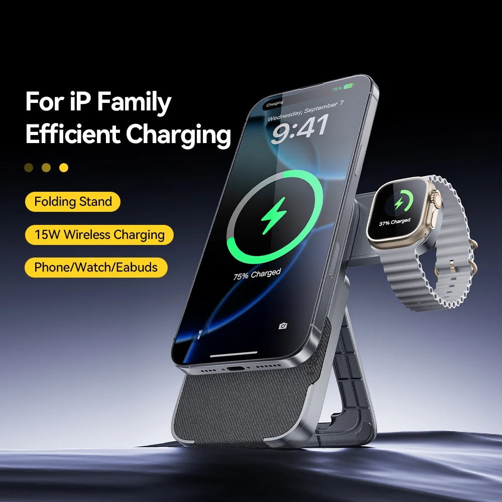 ESSAGER 3 in 1 Foldable Wireless Charger for Phone / Watch / Earbuds 15W Fast Charging Stand - Grey - 5