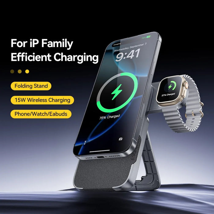 ESSAGER 3 in 1 Foldable Wireless Charger for Phone / Watch / Earbuds 15W Fast Charging Stand - Grey - 5