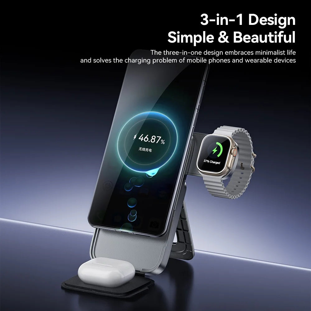 ESSAGER 3 in 1 Foldable Wireless Charger for Phone / Watch / Earbuds 15W Fast Charging Stand - Grey - 6
