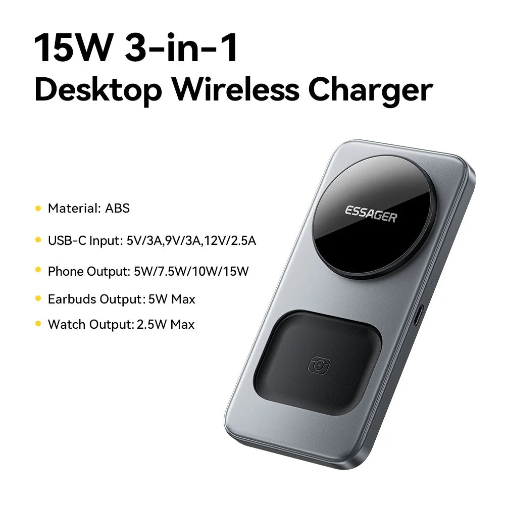 ESSAGER 3 in 1 Desktop Wireless Charger 15W Fast Charging Magnetic Foldable for Phone Watch Earbuds - Grey - 2