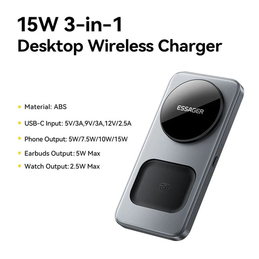 ESSAGER 3 in 1 Desktop Wireless Charger 15W Fast Charging Magnetic Foldable for Phone Watch Earbuds - Grey - 2