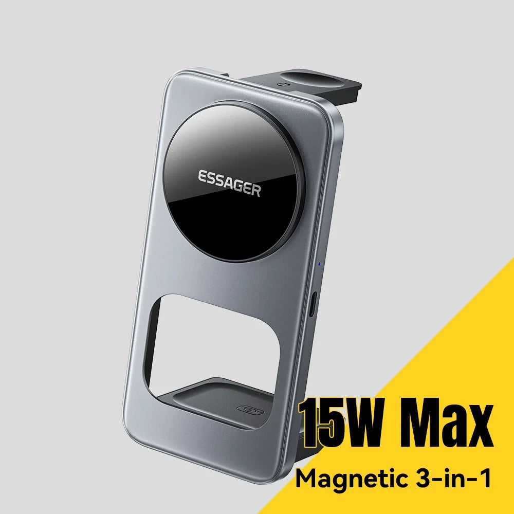 ESSAGER 3 in 1 Desktop Wireless Charger 15W Fast Charging Magnetic Foldable for Phone Watch Earbuds - Grey - 3