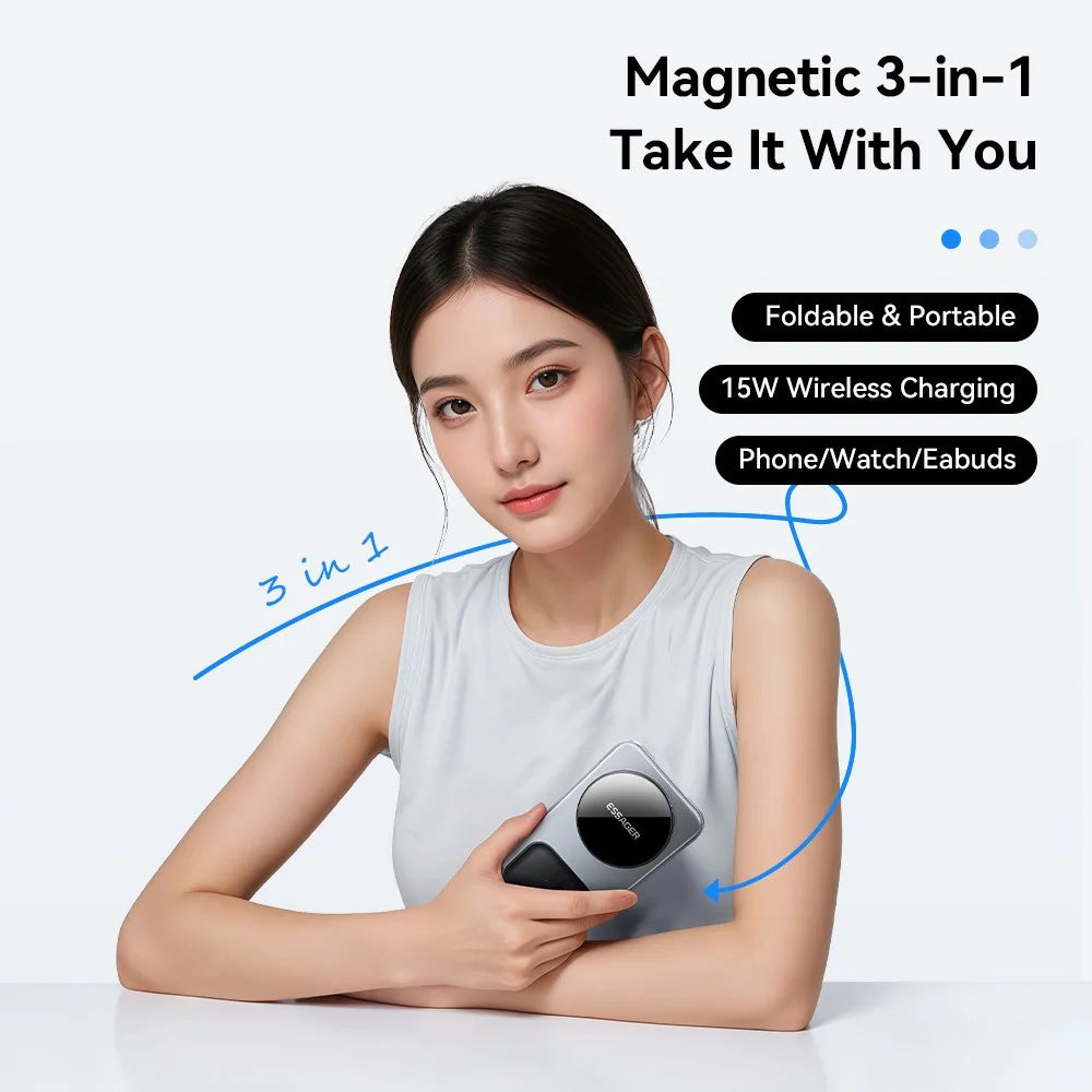 ESSAGER 3 in 1 Desktop Wireless Charger 15W Fast Charging Magnetic Foldable for Phone Watch Earbuds - Grey - 4