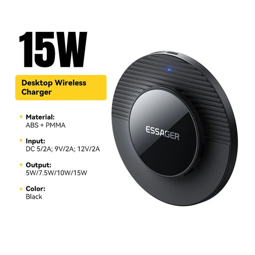 ESSAGER Desktop Wireless Charger Portable 15W Fast Charging Pad with 1m Type-C Cable - Black - 2
