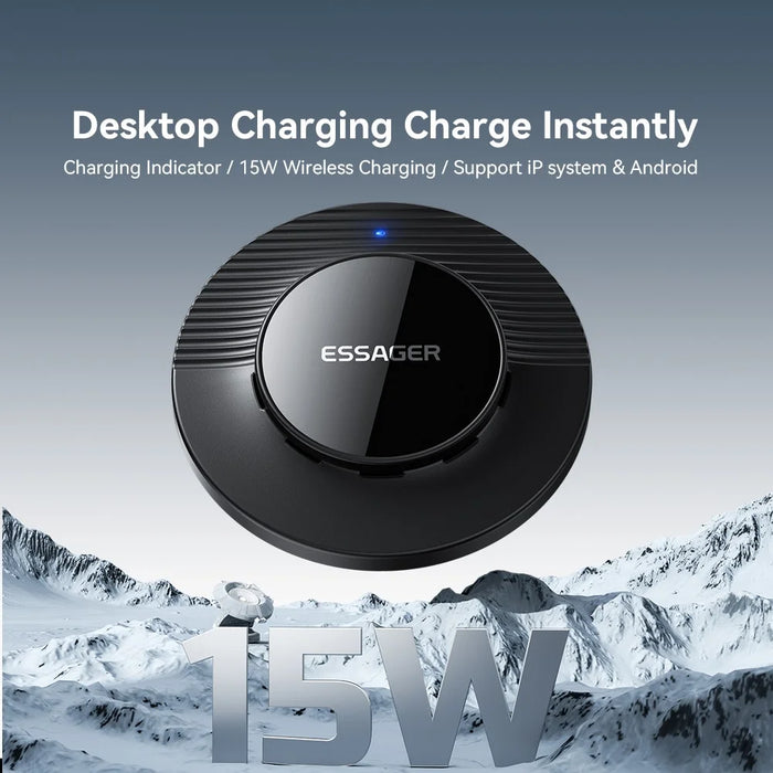 ESSAGER Desktop Wireless Charger Portable 15W Fast Charging Pad with 1m Type-C Cable - Black - 3