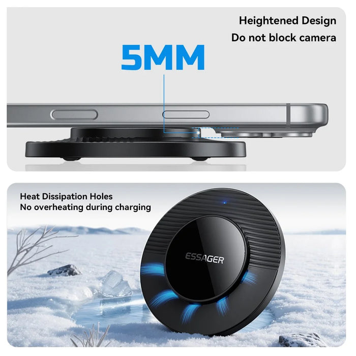 ESSAGER Desktop Wireless Charger Portable 15W Fast Charging Pad with 1m Type-C Cable - Black - 5
