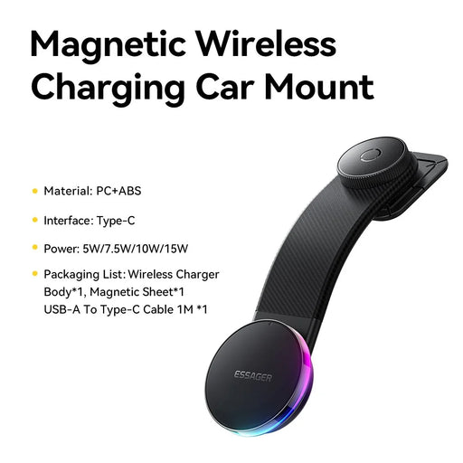 ESSAGER 15W Fast Charger with RGB Light 360 Degree Rotating Magnetic Wireless Charging Car Mount Phone Holder - Black - 2