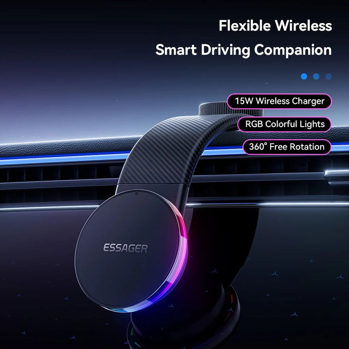 ESSAGER 15W Fast Charger with RGB Light 360 Degree Rotating Magnetic Wireless Charging Car Mount Phone Holder - Black - 3
