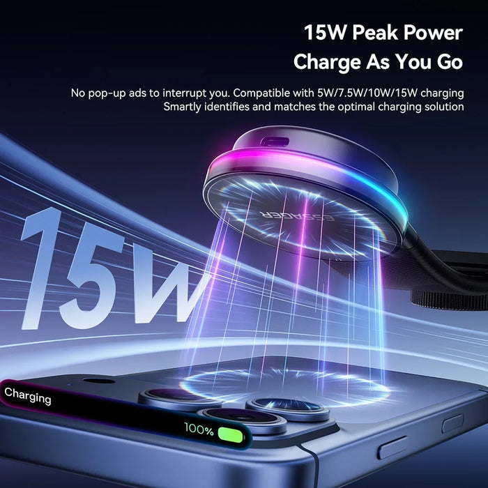 ESSAGER 15W Fast Charger with RGB Light 360 Degree Rotating Magnetic Wireless Charging Car Mount Phone Holder - Black - 4