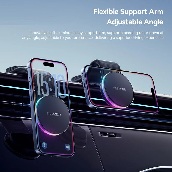 ESSAGER 15W Fast Charger with RGB Light 360 Degree Rotating Magnetic Wireless Charging Car Mount Phone Holder - Black - 5