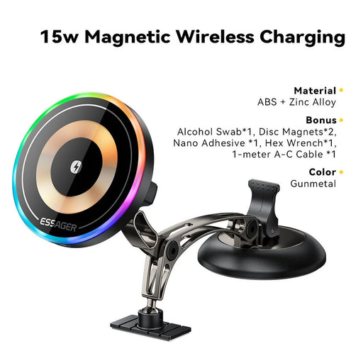 ESSAGER Magnetic Car Phone Holder RGB Lighting 15W Wireless Charger for Dashboard Windshield Mount - Tarnish - 2