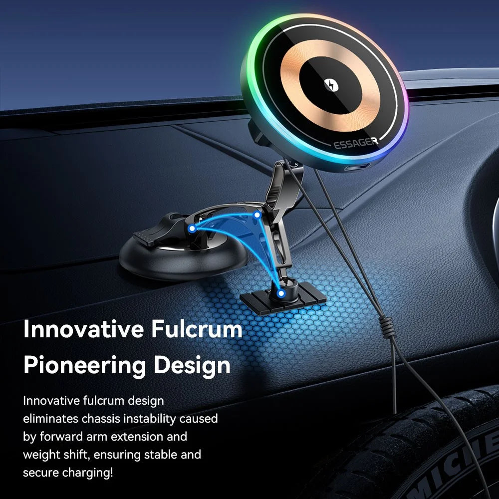 ESSAGER Magnetic Car Phone Holder RGB Lighting 15W Wireless Charger for Dashboard Windshield Mount - Tarnish - 5