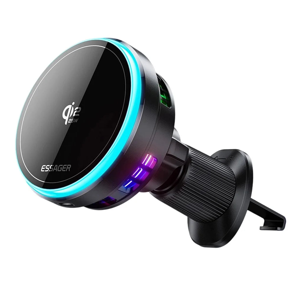 ESSAGER Qi2.2 25W Fast Charging Air Vent Mount Magnetic Wireless Car Charger with RGB Light - Black - 1