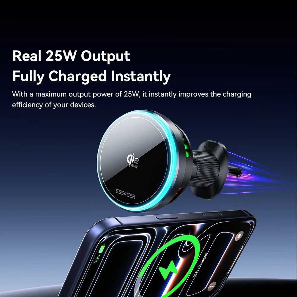 ESSAGER Qi2.2 25W Fast Charging Air Vent Mount Magnetic Wireless Car Charger with RGB Light - Black - 4