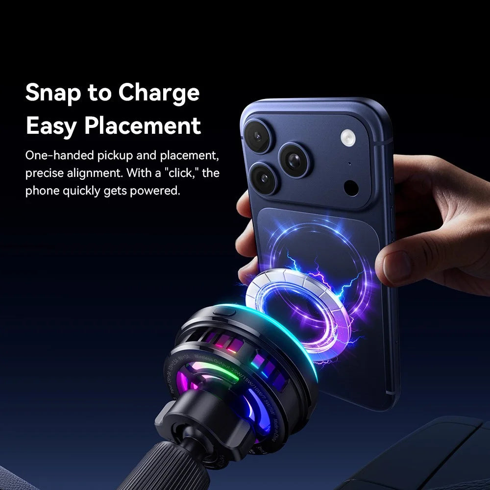 ESSAGER Qi2.2 25W Fast Charging Air Vent Mount Magnetic Wireless Car Charger with RGB Light - Black - 7