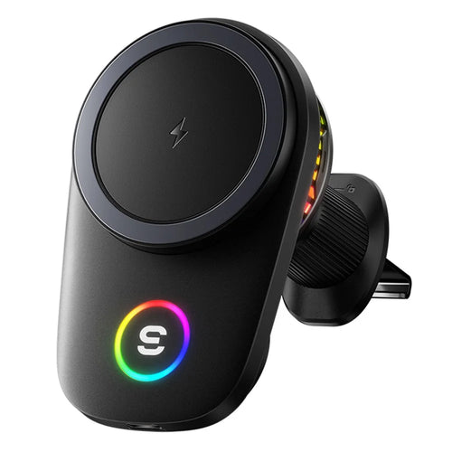 ESSAGER 15W Wireless Charger Built-in Cooling Fan Car Air Vent Mount Magnetic Phone Holder with RGB Light - Black - 1
