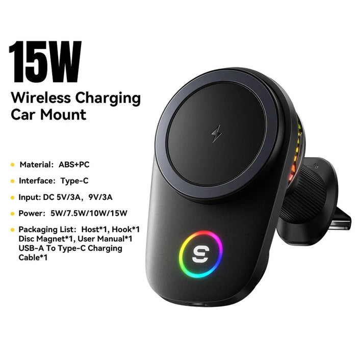 ESSAGER 15W Wireless Charger Built-in Cooling Fan Car Air Vent Mount Magnetic Phone Holder with RGB Light - Black - 2