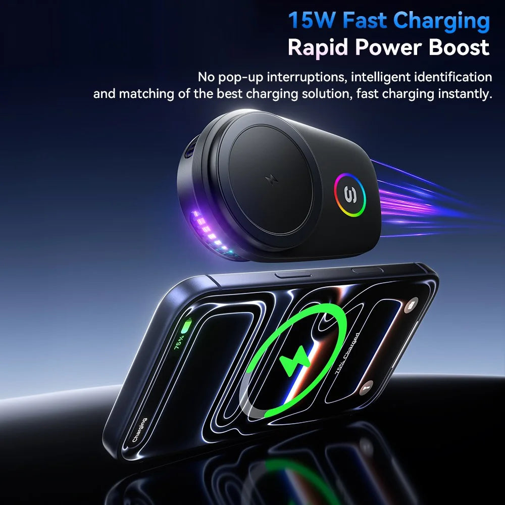 ESSAGER 15W Wireless Charger Built-in Cooling Fan Car Air Vent Mount Magnetic Phone Holder with RGB Light - Black - 4
