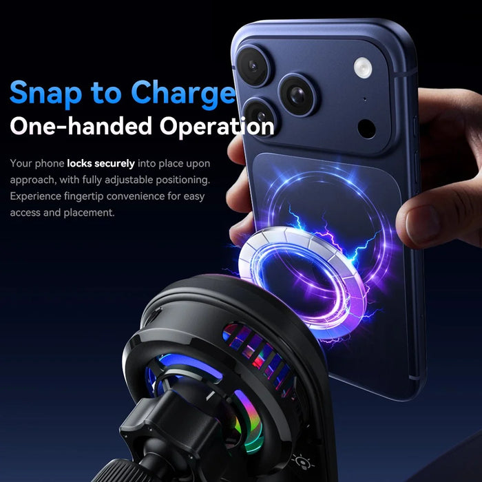 ESSAGER 15W Wireless Charger Built-in Cooling Fan Car Air Vent Mount Magnetic Phone Holder with RGB Light - Black - 6