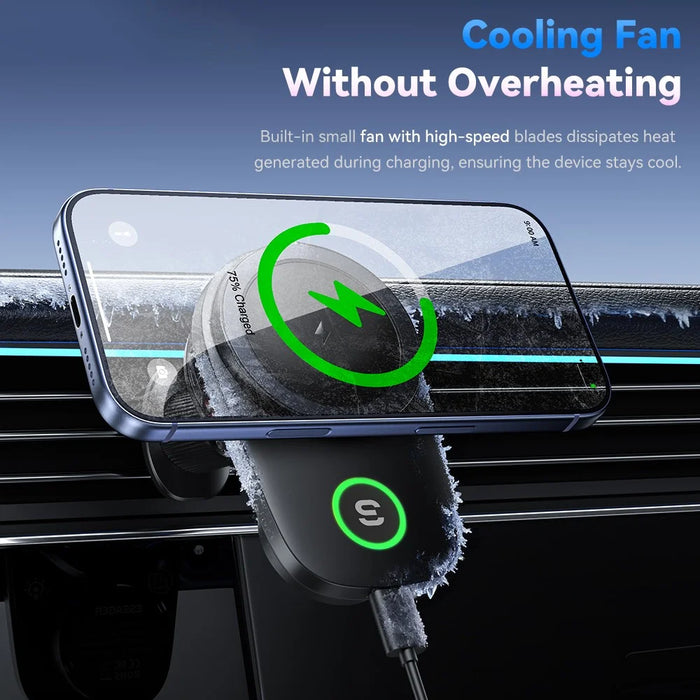 ESSAGER 15W Wireless Charger Built-in Cooling Fan Car Air Vent Mount Magnetic Phone Holder with RGB Light - Black - 7