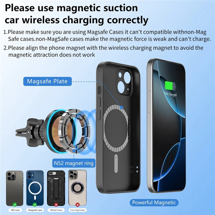 JLM-101 Magnetic Wireless Car Charger 15W Fast Charging Qi-Compatible Air Vent Mount Phone Holder - Black - 7