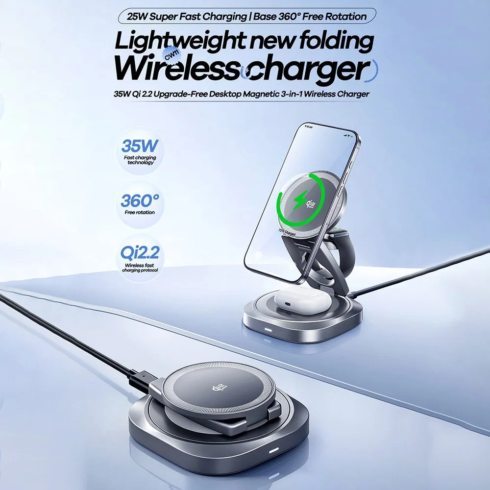 REMAX CW11 3 in 1 35W Foldable Wireless Charger Qi2.2 Magnetic Charging Stand for iPhone AirPods Watch - Dark Grey - 2