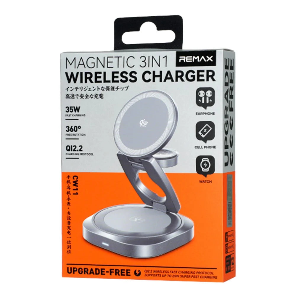REMAX CW11 3 in 1 35W Foldable Wireless Charger Qi2.2 Magnetic Charging Stand for iPhone AirPods Watch - Dark Grey - 7