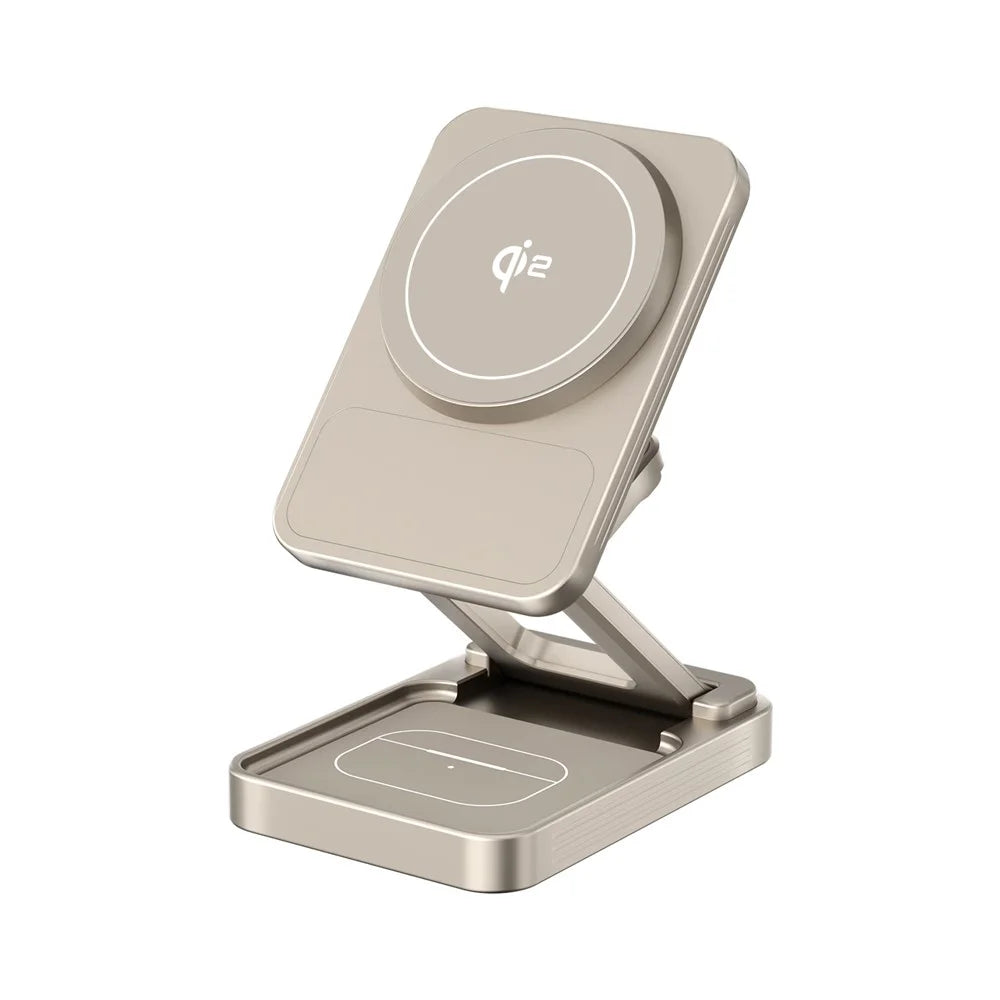 JJT-C42 Qi2 3-in-1 Magnetic Wireless Charger 15W Foldable Aluminum Alloy Charging Stand for Phone Watch Earbuds - Titanium - 1