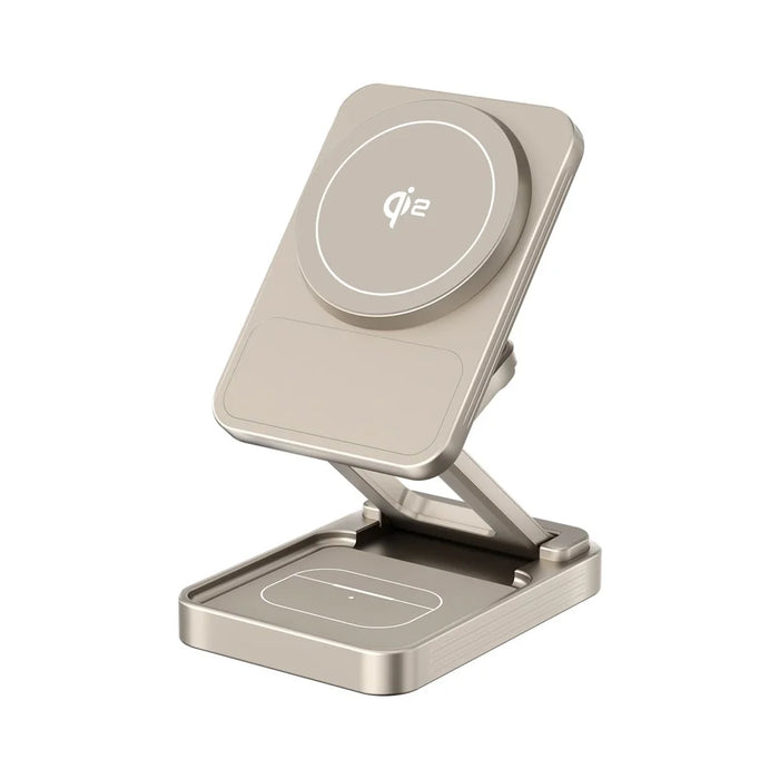 JJT-C42 Qi2 3-in-1 Magnetic Wireless Charger 15W Foldable Aluminum Alloy Charging Stand for Phone Watch Earbuds - Titanium - 1