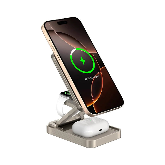 JJT-C42 Qi2 3-in-1 Magnetic Wireless Charger 15W Foldable Aluminum Alloy Charging Stand for Phone Watch Earbuds - Titanium - 2