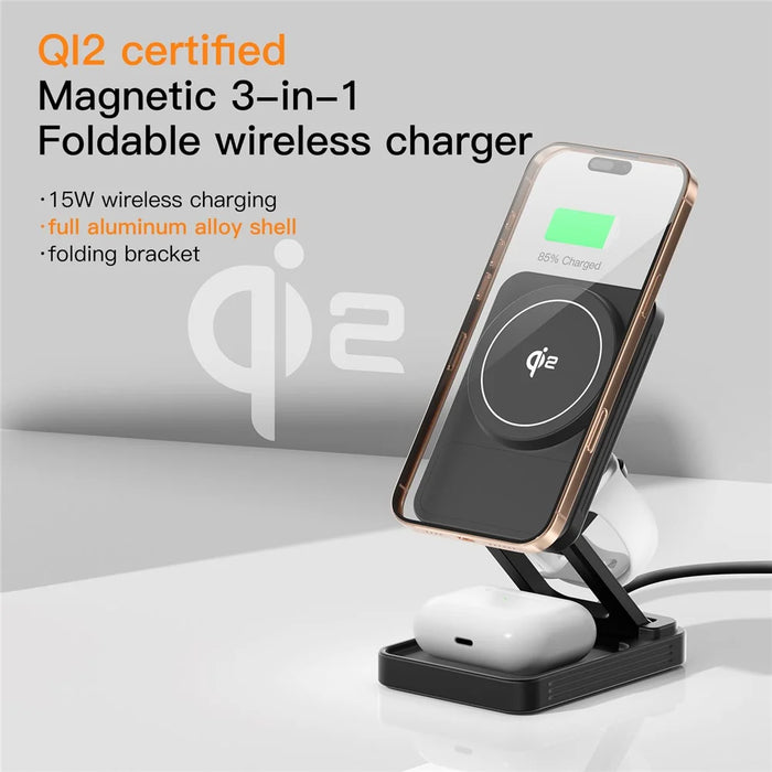 JJT-C42 Qi2 3-in-1 Magnetic Wireless Charger 15W Foldable Aluminum Alloy Charging Stand for Phone Watch Earbuds - Titanium - 5