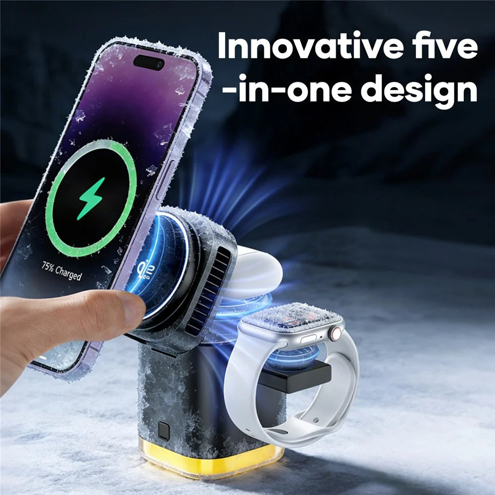 JJT-C53 5-in-1 Magnetic Wireless Charger Semiconductor Cooling System Qi2.2 25W Fast Charging Stand with Built-in Type-C Cable - Black - 4