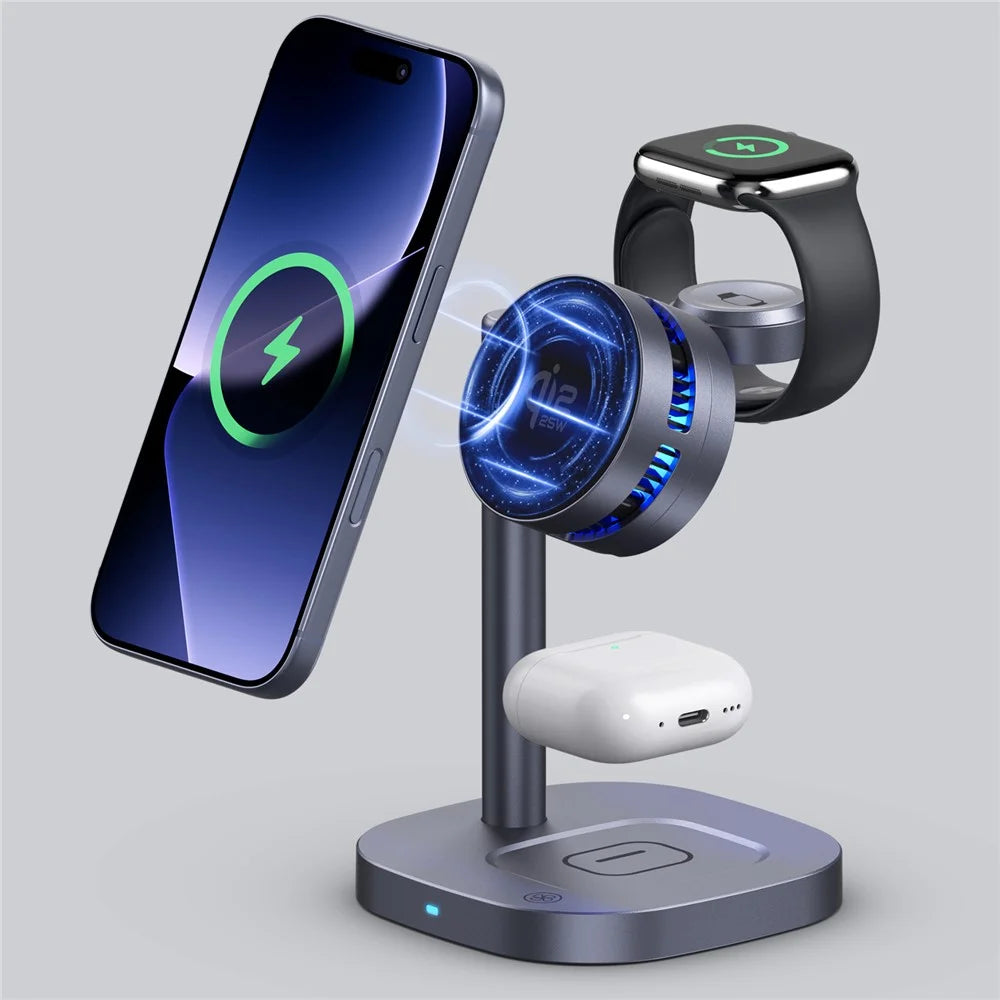B-36 3 in 1 Magnetic Wireless Charger for iPhone / Apple Watch / AirPods TEC Cooling Qi2.2 25W Fast Charging Dock - Black - 3