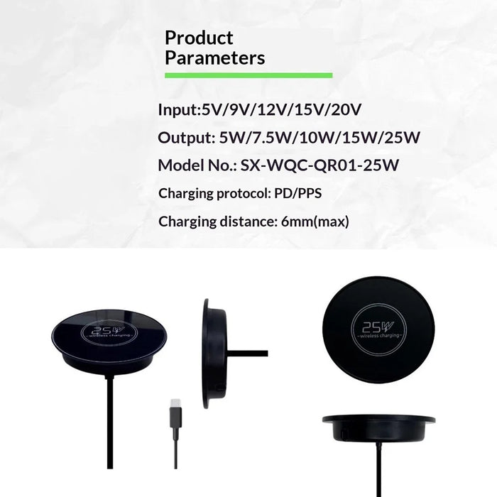 QR02 Qi2.2 25W Magnetic Wireless Charger Embedded Desktop Car Mount Charging Pad - Black - 6