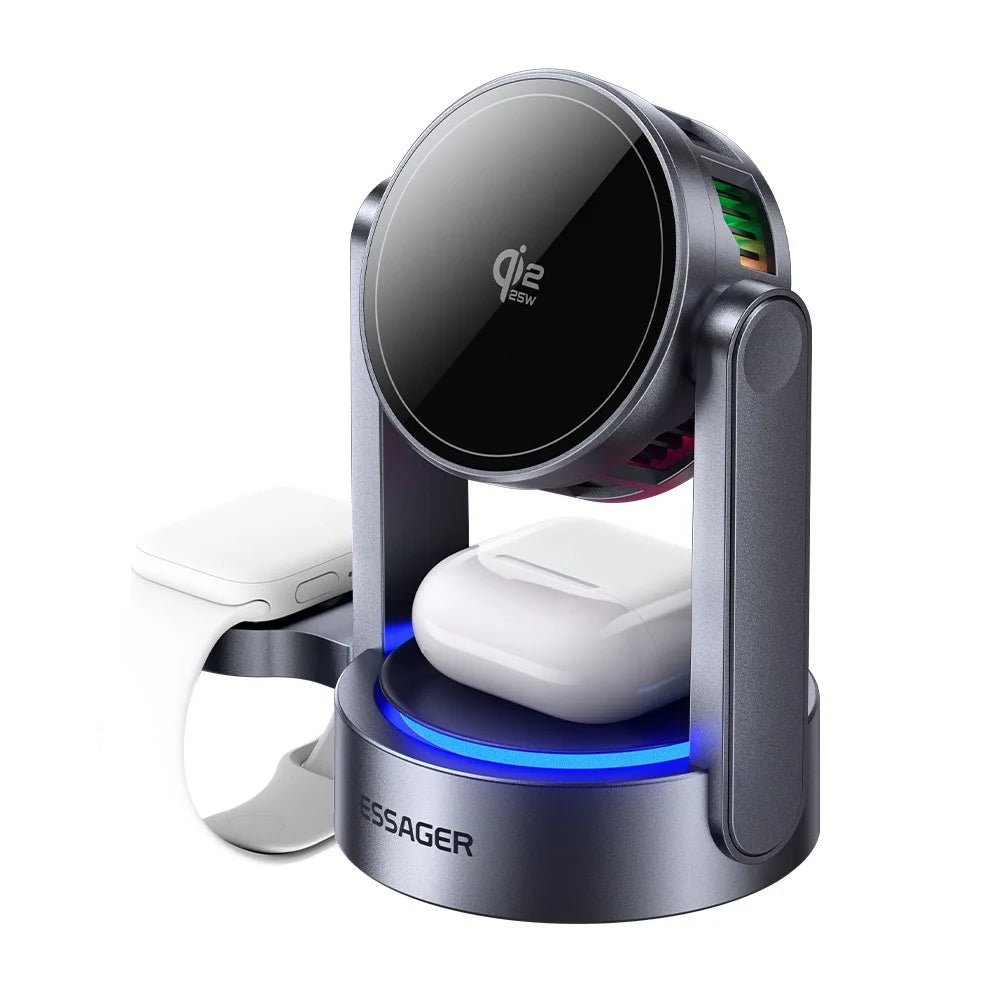 ESSAGER T50 3 in 1 Magnetic Wireless Charger TEC Cooling Qi2.2 25W Fast Charging Stand for Phone Watch Earbuds - Grey - 1