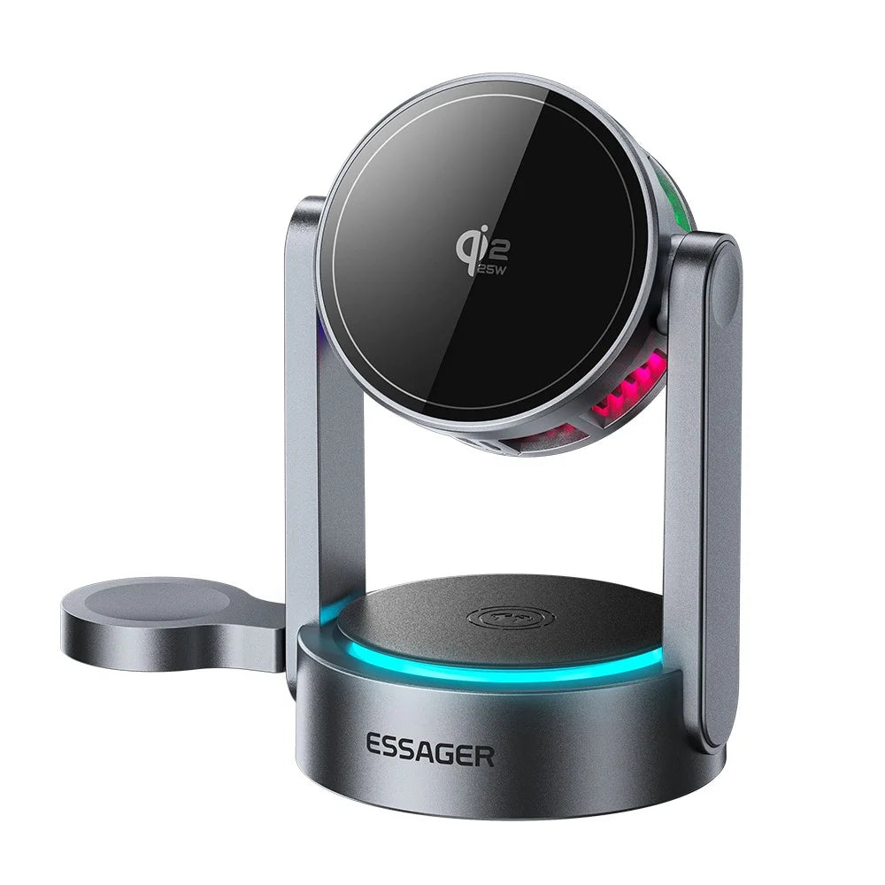 ESSAGER T50 3 in 1 Magnetic Wireless Charger TEC Cooling Qi2.2 25W Fast Charging Stand for Phone Watch Earbuds - Grey - 2