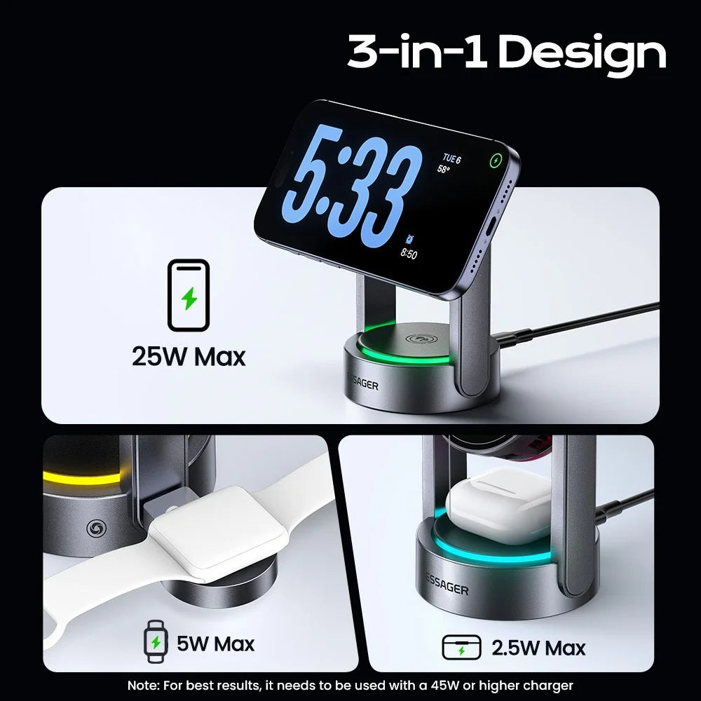 ESSAGER T50 3 in 1 Magnetic Wireless Charger TEC Cooling Qi2.2 25W Fast Charging Stand for Phone Watch Earbuds - Grey - 4