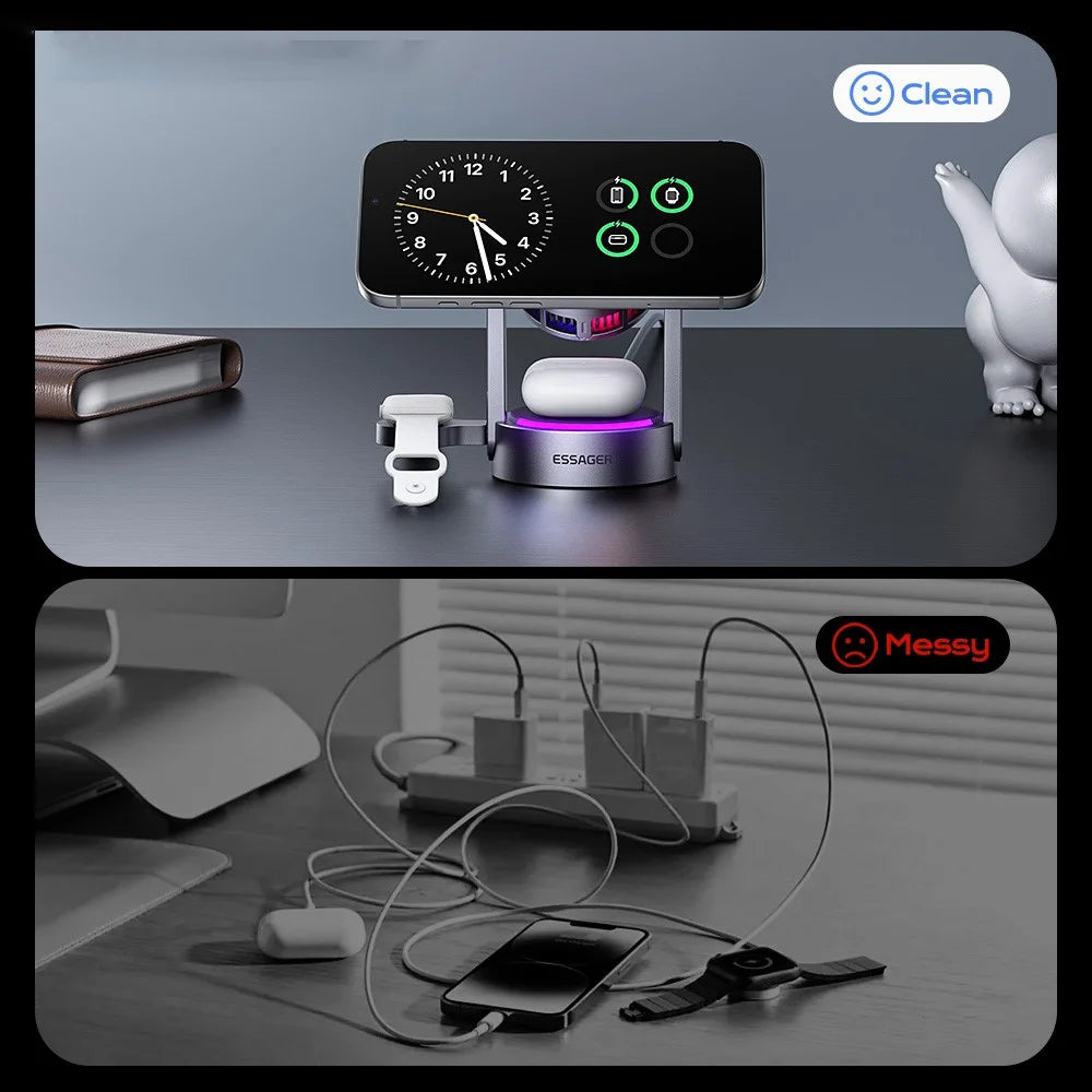 ESSAGER T50 3 in 1 Magnetic Wireless Charger TEC Cooling Qi2.2 25W Fast Charging Stand for Phone Watch Earbuds - Grey - 5