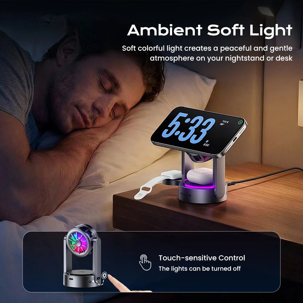 ESSAGER T50 3 in 1 Magnetic Wireless Charger TEC Cooling Qi2.2 25W Fast Charging Stand for Phone Watch Earbuds - Grey - 6
