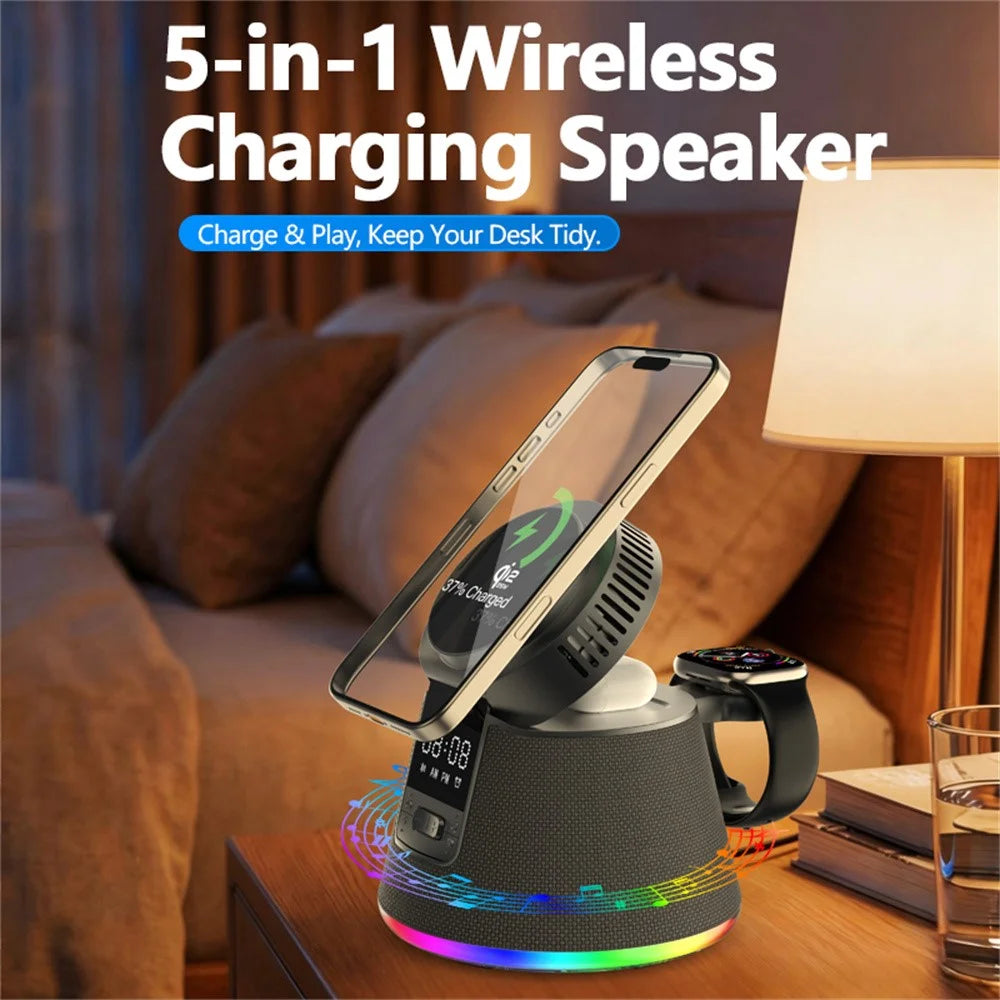 JJT-C67 5-in-1 Qi2.2 25W Ice Cooling Wireless Charger Bluetooth-compatible Speaker Charging Station with RGB Light - Black - 5