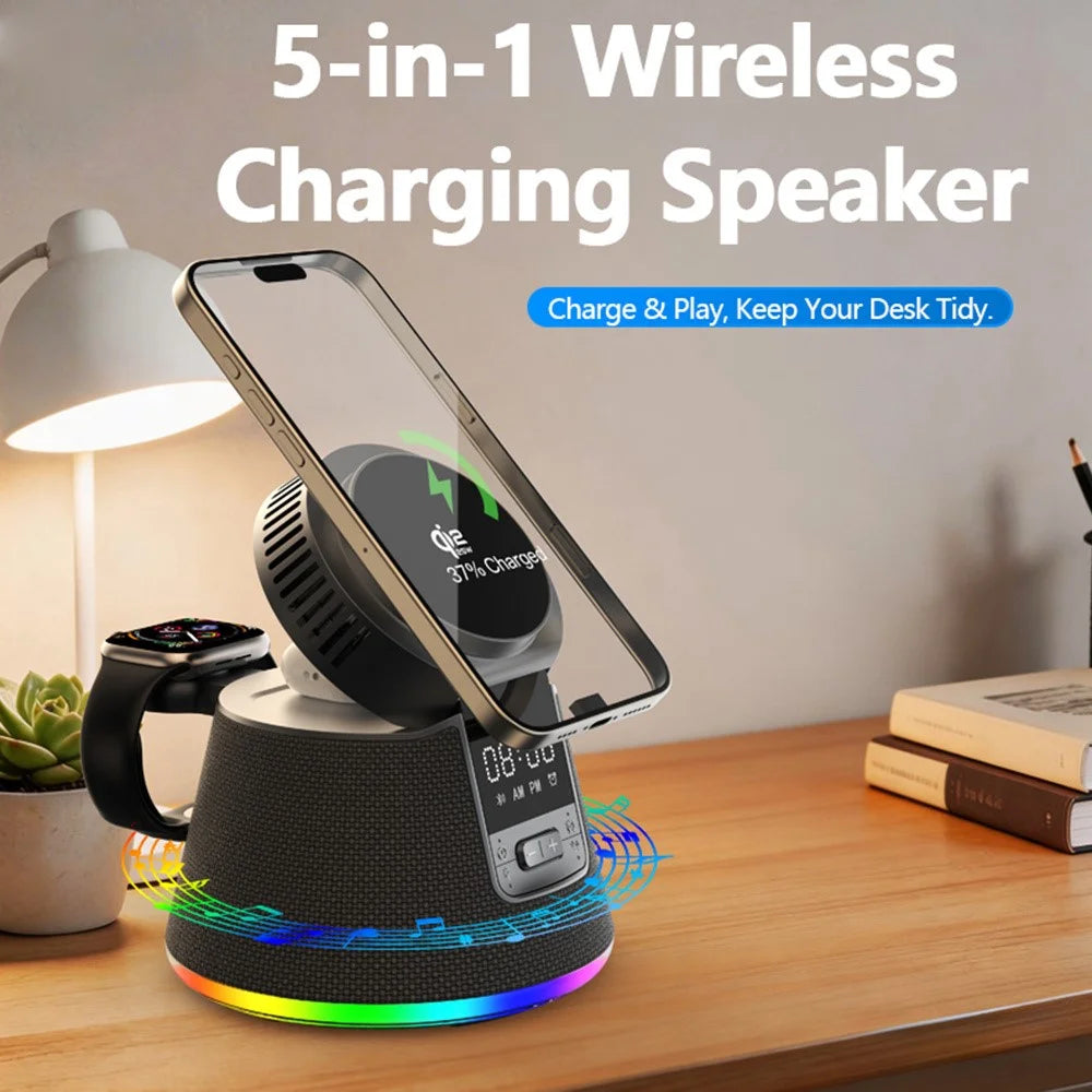 JJT-C67 5-in-1 Qi2.2 25W Ice Cooling Wireless Charger Bluetooth-compatible Speaker Charging Station with RGB Light - Black - 6