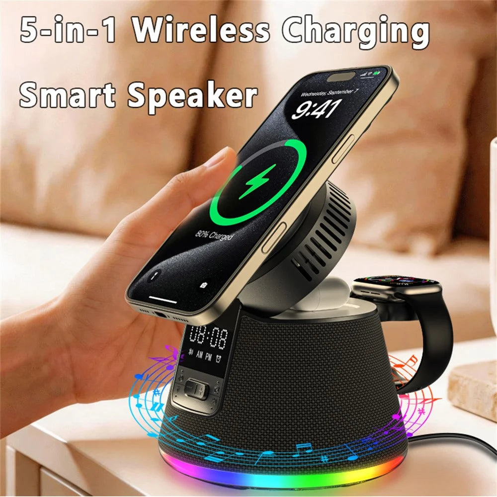 JJT-C67 5-in-1 Qi2.2 25W Ice Cooling Wireless Charger Bluetooth-compatible Speaker Charging Station with RGB Light - Black - 7