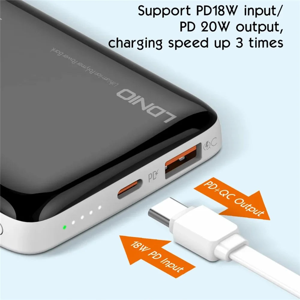 LDNIO PQ25 10000mAh Ultra Thin Power Bank 22.5W Fast Charging Dual Port USB-C+USB-A PD 20W Portable Charger - Black - 3