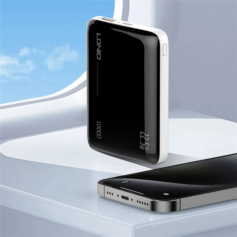 LDNIO PQ25 10000mAh Ultra Thin Power Bank 22.5W Fast Charging Dual Port USB-C+USB-A PD 20W Portable Charger - Black - 5