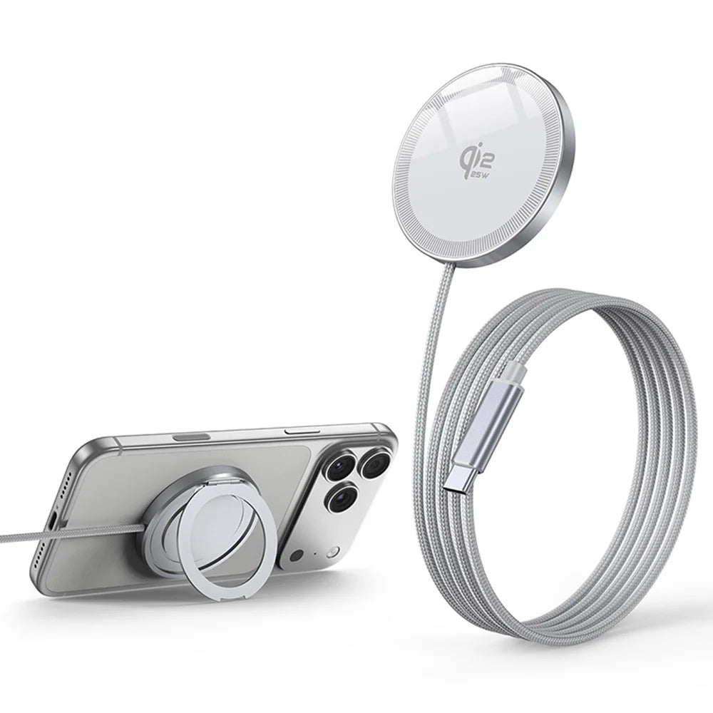 Qi2 25W Magnetic Wireless Charger Aluminum Alloy Fast Charging Pad with Ring Stand and 1m Braided Type-C Cable - White - 1