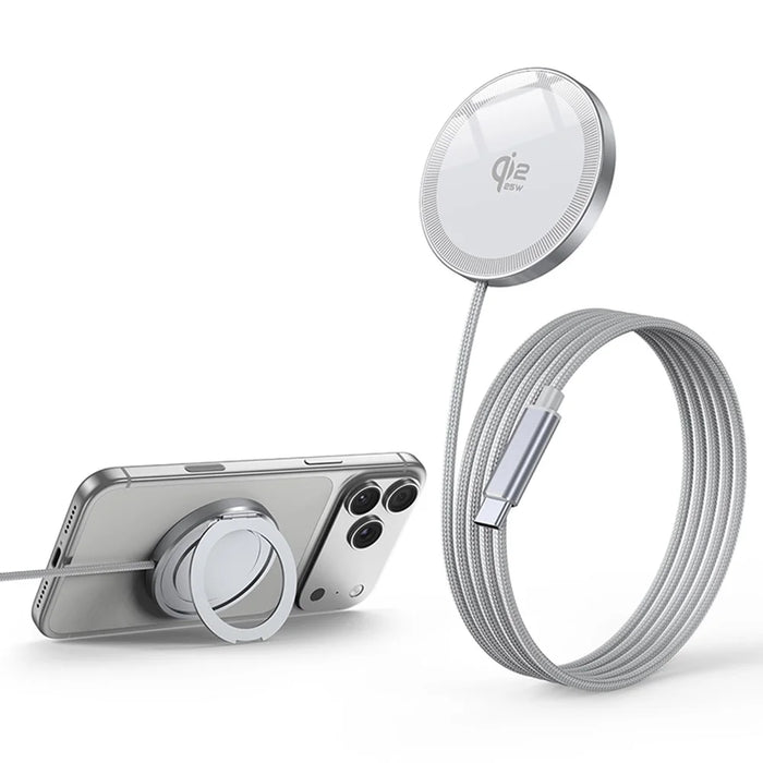 Qi2 25W Magnetic Wireless Charger Aluminum Alloy Fast Charging Pad with Ring Stand and 1m Braided Type-C Cable - White - 1