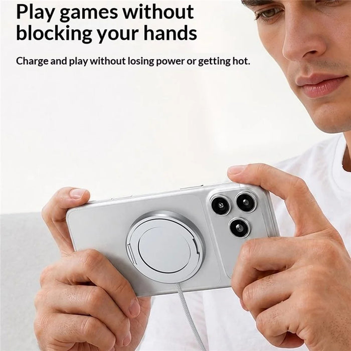 Qi2 25W Magnetic Wireless Charger Aluminum Alloy Fast Charging Pad with Ring Stand and 1m Braided Type-C Cable - White - 3