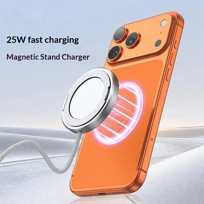 Qi2 25W Magnetic Wireless Charger Aluminum Alloy Fast Charging Pad with Ring Stand and 1m Braided Type-C Cable - White - 4