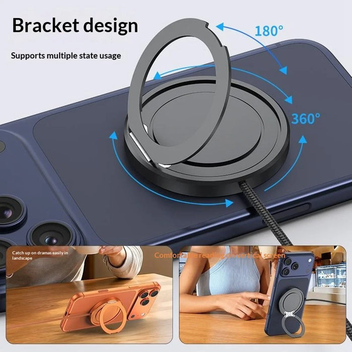 Qi2 25W Magnetic Wireless Charger Aluminum Alloy Fast Charging Pad with Ring Stand and 1m Braided Type-C Cable - White - 5