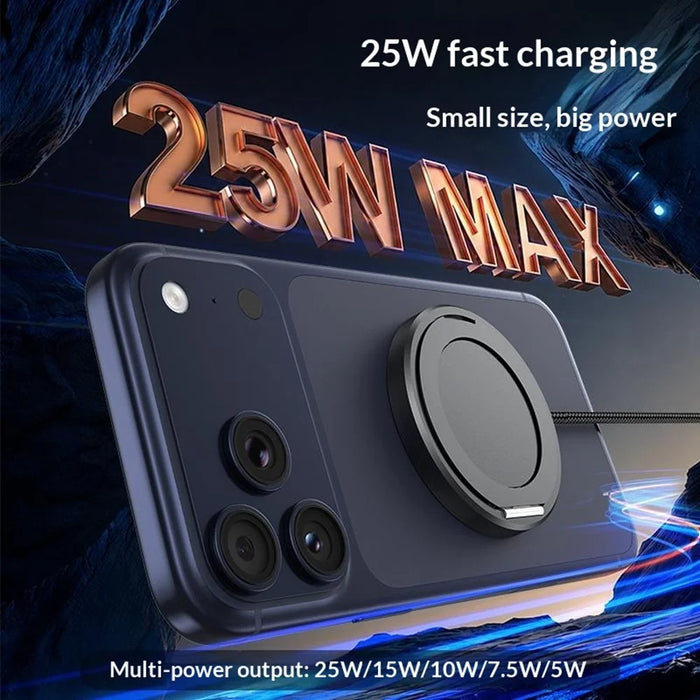 Qi2 25W Magnetic Wireless Charger Aluminum Alloy Fast Charging Pad with Ring Stand and 1m Braided Type-C Cable - White - 6